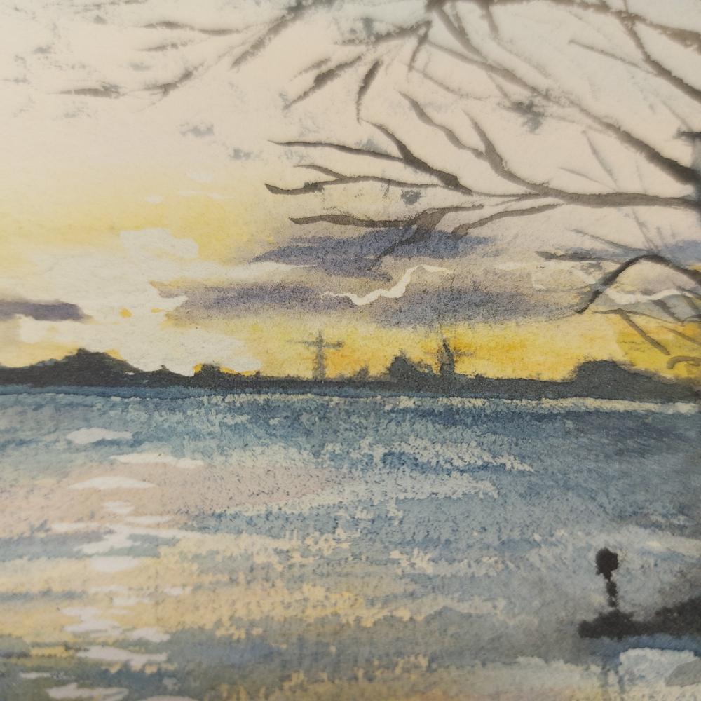 Картина авторская акварельная в паспарту 30х40 см на стену для интерьера "На берегу Псковы"