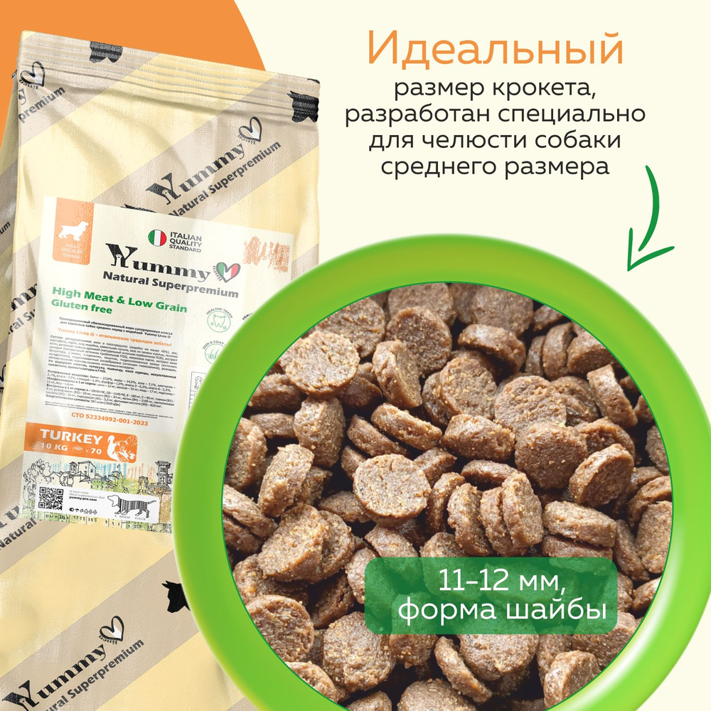 Yummy Linea корм для взрослых собак средних и крупных пород, индейка, 8 кг