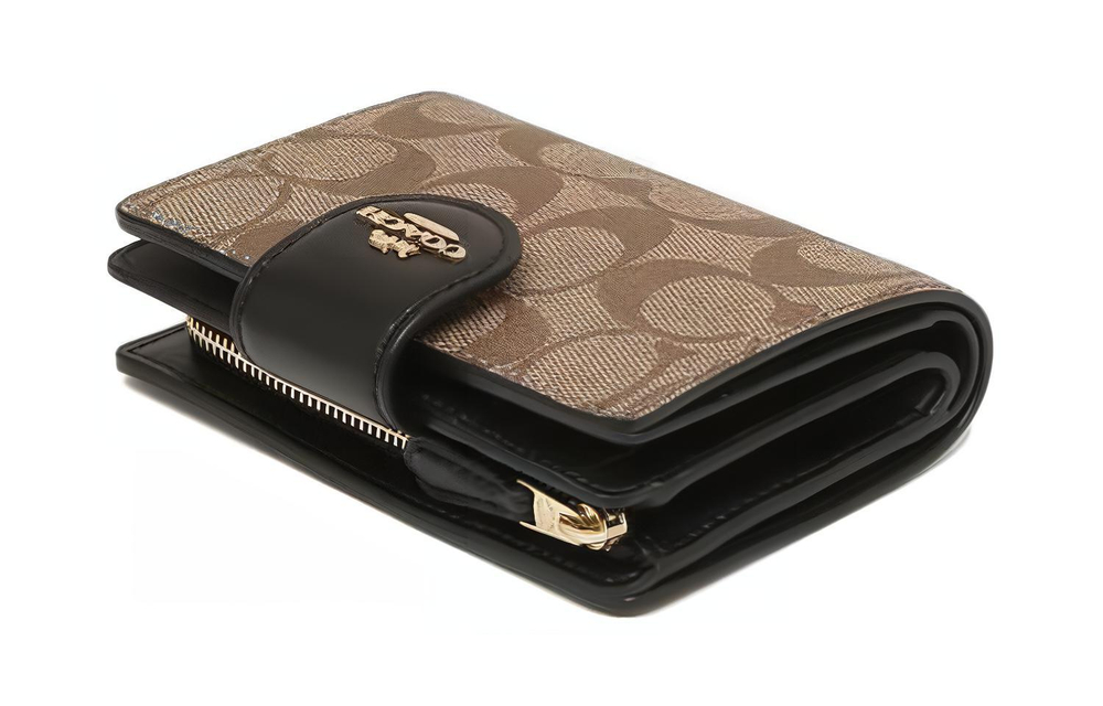 COACH Corner Zip Coated Canvas With Leather Wrist Bag Clutch Pochette Wallet Women"s Brown/Black