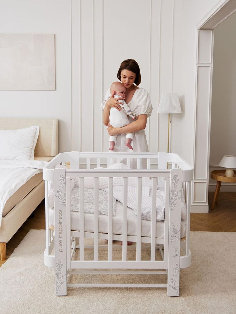 Детская кроватка-трансформер Happy baby Mommy Love в комплекте с расширением 160х70 white
