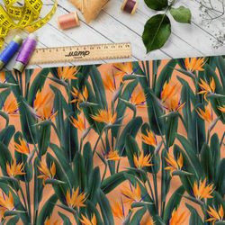 Ткань бифлекс насыщенные жёлтые цветы и листья в закате