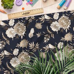 Ткань дюспо белые пионы на чёрном