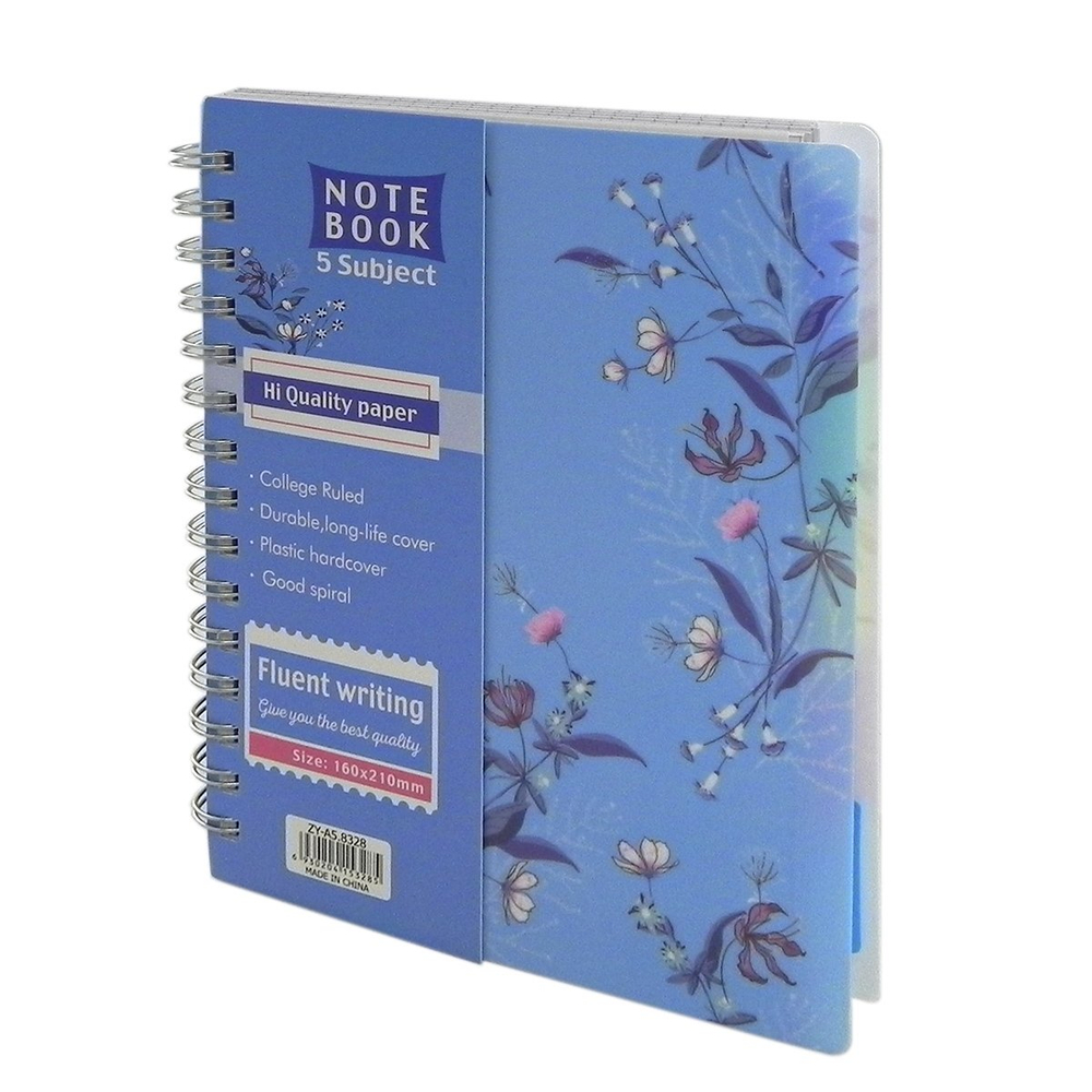 Тетрадь 120л., А5, клетка, Alingar "Flowers", гребень, пластиковая обложка, цветные пластиковые разделители, ассорти 4 цвета