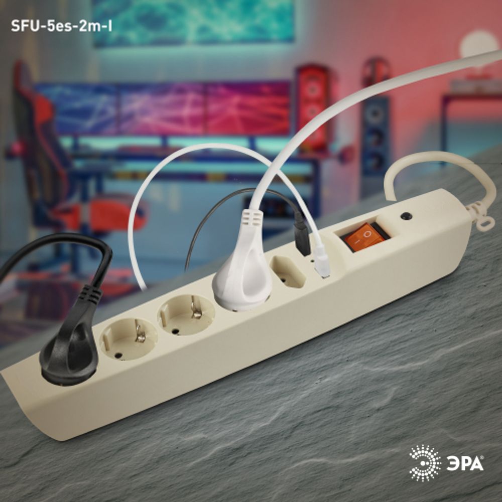 Сетевой фильтр ЭРА SFU-5es-2m-I с надежной защитой с заземлением с выключателем 5 розеток 2xUSB 2м 10А слоновая кость | Сетевые фильтры