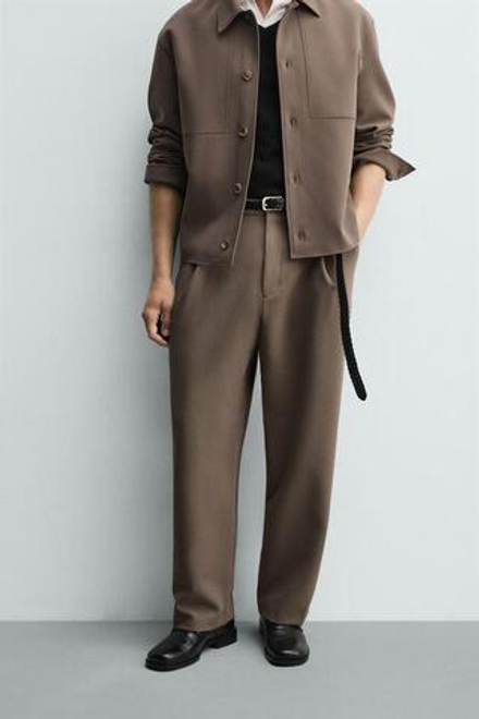 ZARA БРЮКИ RELAXED FIT СО СКЛАДКАМИ, СЕРО-КОРИЧНЕВЫЙ