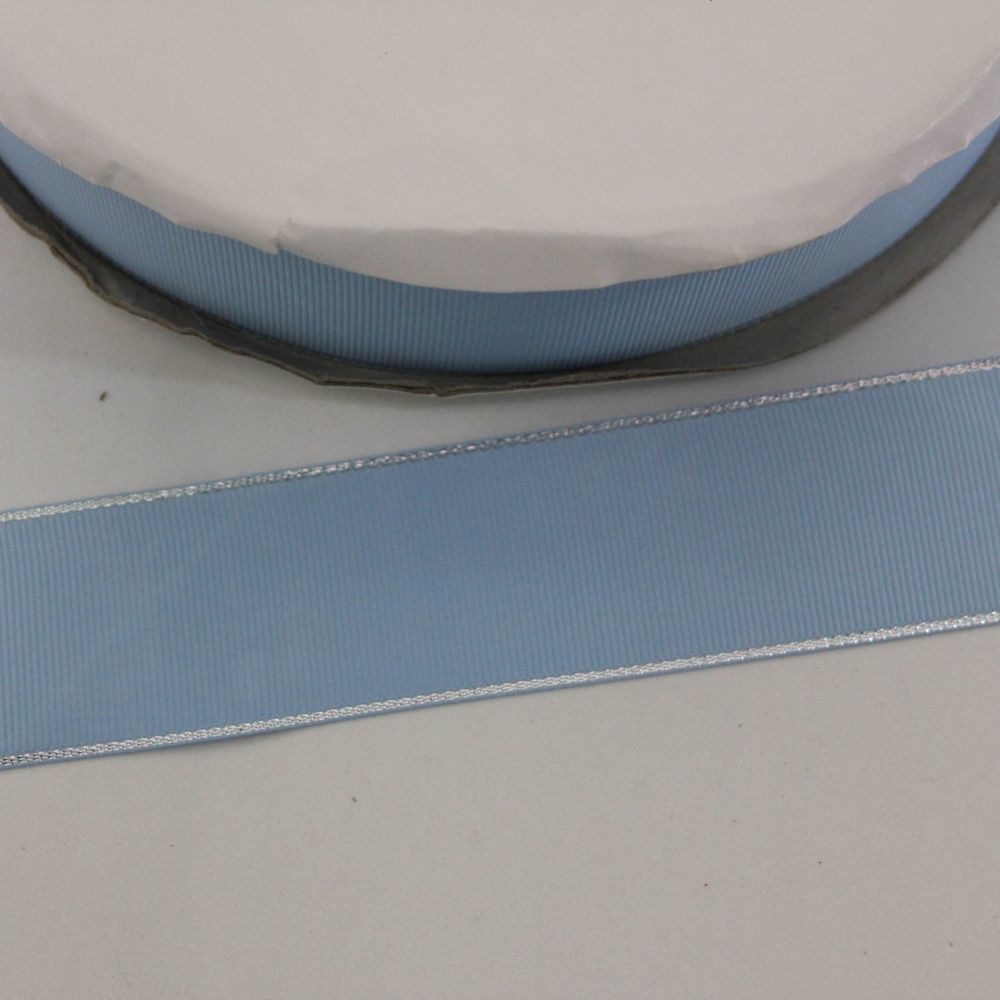 Лента репсовая однотонная с металл. кромкой(серебро) 38 мм, длина 25 ярдов, цвет: 308 голубой
