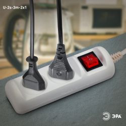 Удлинитель электрический ЭРА U-2s-3m-2x1 без заземления c выключателем 2 розетки 3м ПВС 2x1мм2 10А