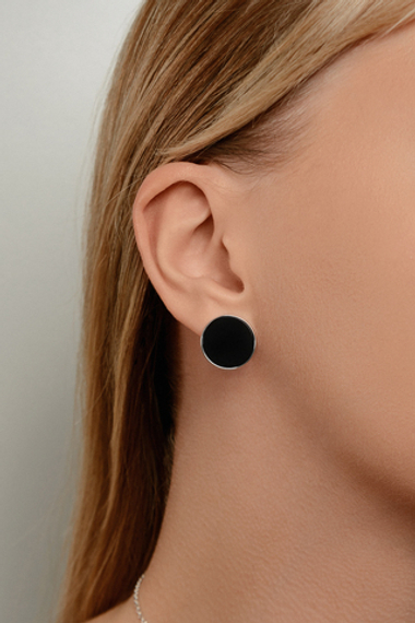 Серебряные серьги "Диск" с черным агатом