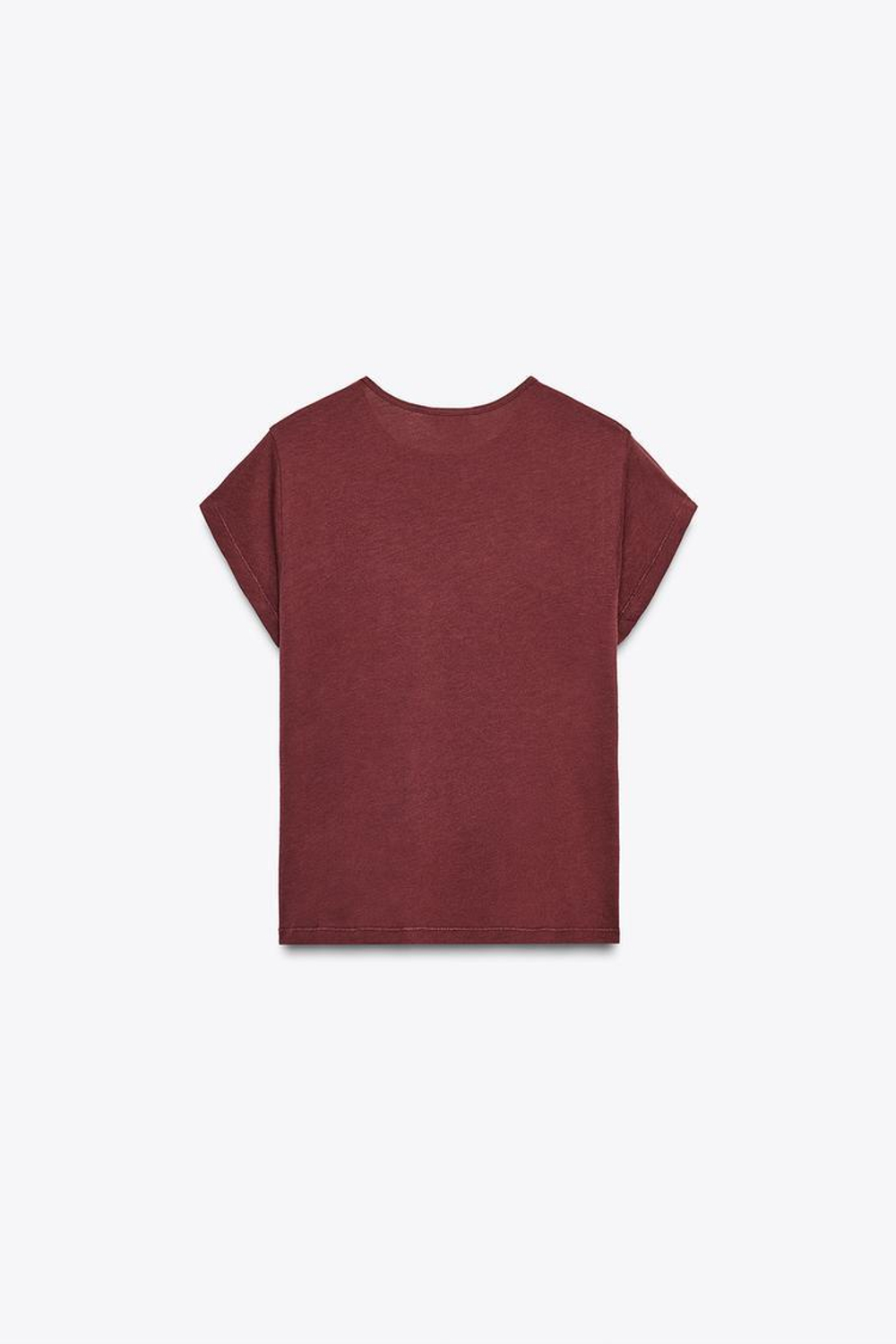 ZARA ФУТБОЛКА В СТИЛЕ РУСТИК С КОРОТКИМИ РУКАВАМИ, ВИННЫЙ