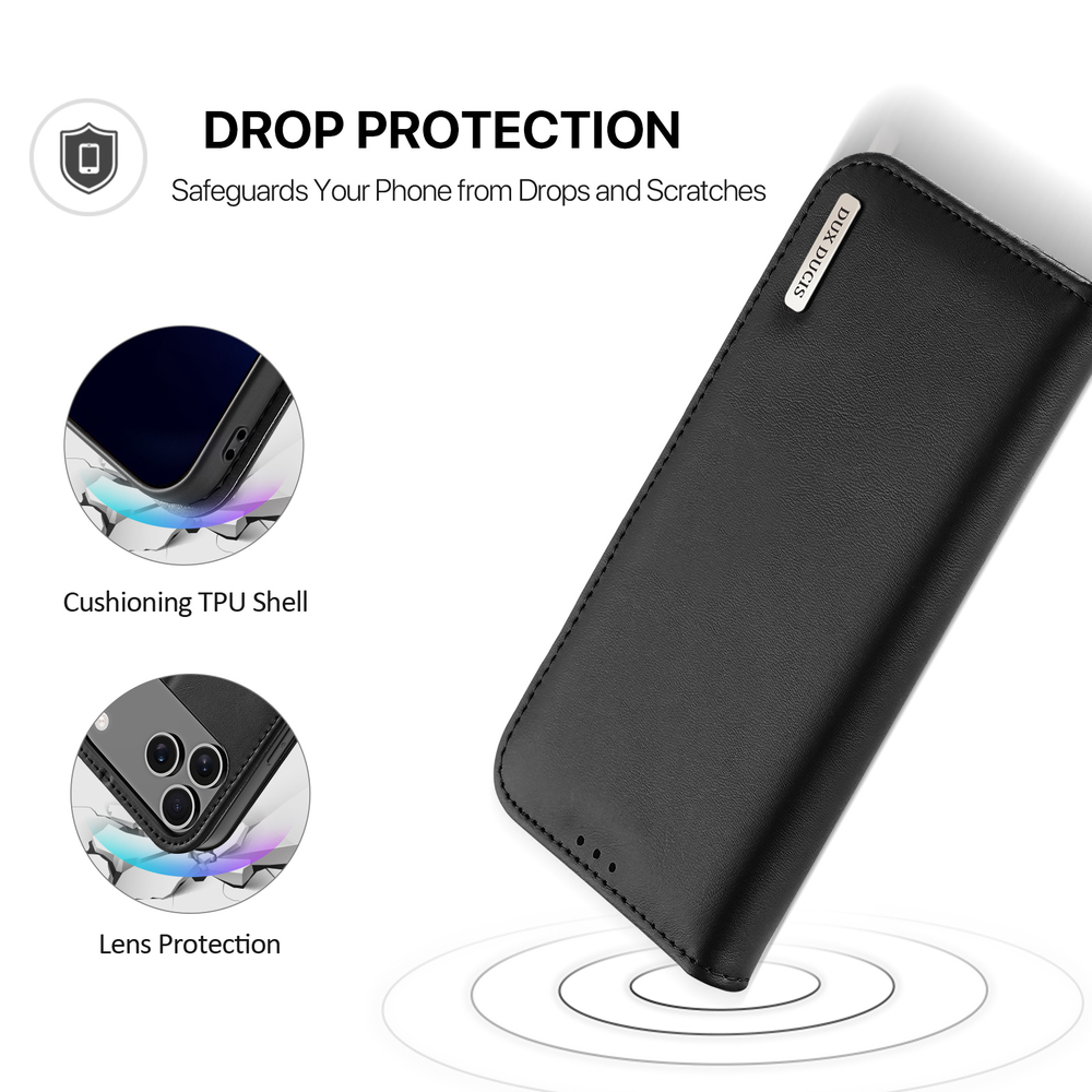 Чехол книжка из натуральной кожи для iPhone 17 Pro, серия Hivo Series Case (защита RFID) от Dux Ducis