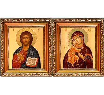 Феодоровская Богородица и Христос благославляющий. Венчальная пара. Иконы на холсте.