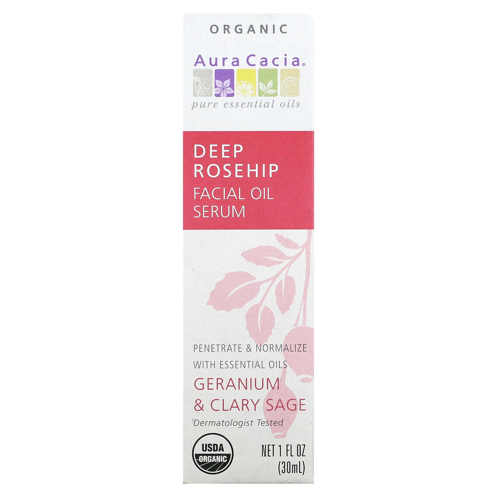 Aura Cacia, Органическая сыворотка для лица с эфирным маслом шиповника, герань и шалфей, 1 жидкая унция (30 мл)