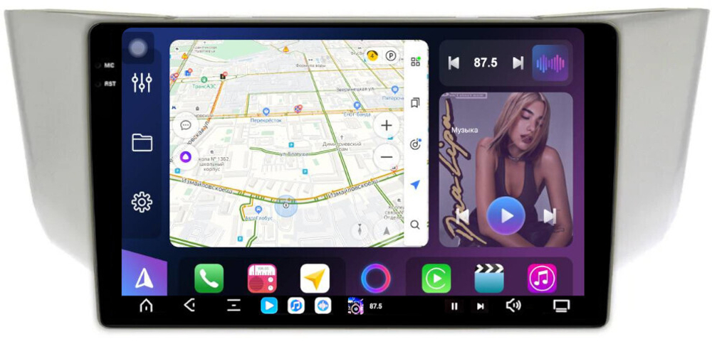 Магнитола для Toyota Harrier XU30 2003-2013, Lexus RX 2003-2009 (монохром, рамка вниз) - FarCar GX3221M монитор 9.5" 2K QLED на Android 14, TS20, 6+128Гб, CarPlay, 4G SIM-слот