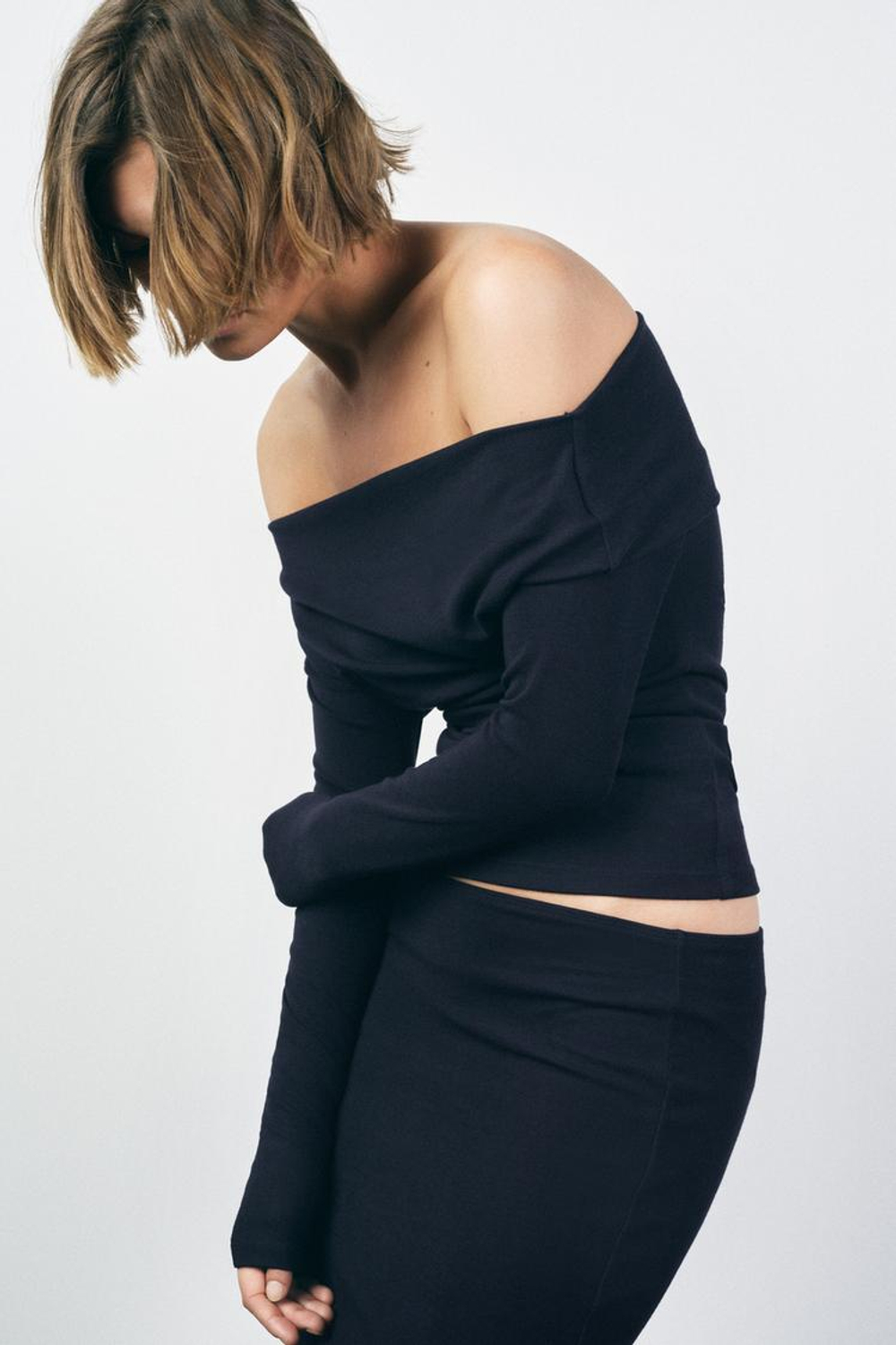 ZARA ТОП АСИММЕТРИЧНОГО КРОЯ ИЗ МЯГКОГО ИНТЕРЛОКА, МОРСКОЙ ТЕМНО-СИНИЙ