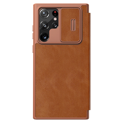 Коричневый кожаный чехол книжка от Nillkin для Samsung Galaxy S22 Ultra, серия Qin Pro Leather с защитной шторкой для камеры