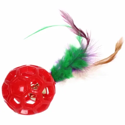 Игрушка - шарик для кошек «МУРОЧКИН», цвет красный, с бубенчиком и перышками, 4,5см