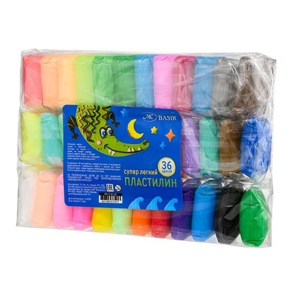 Пластилин для лепки Basir, серия "Весёлые зверята", лёгкий, без запаха, набор: 36 ярких цветов, инструменты для лепки