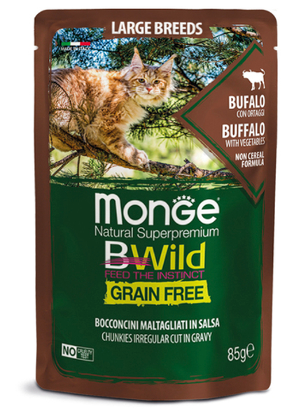 Влажный корм Monge Cat BWild GRAIN FREE для котят и кошек крупных пород, из мяса буйвола с овощами 85 г