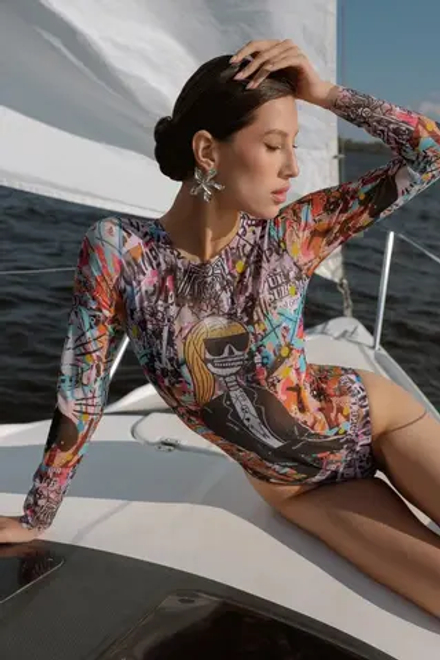 Слитный купальник с рукавами "Скелет"