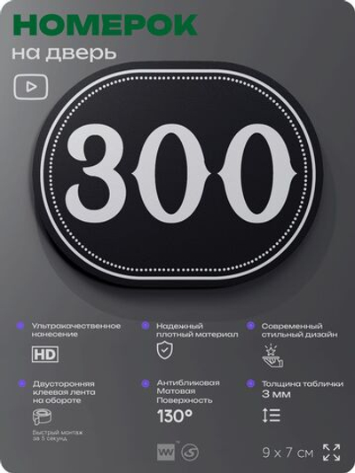 Номерок на дверь квартиры 300, для кабинета, офиса, шильдик 9 х 7 см, черный, Айдентика Технолоджи