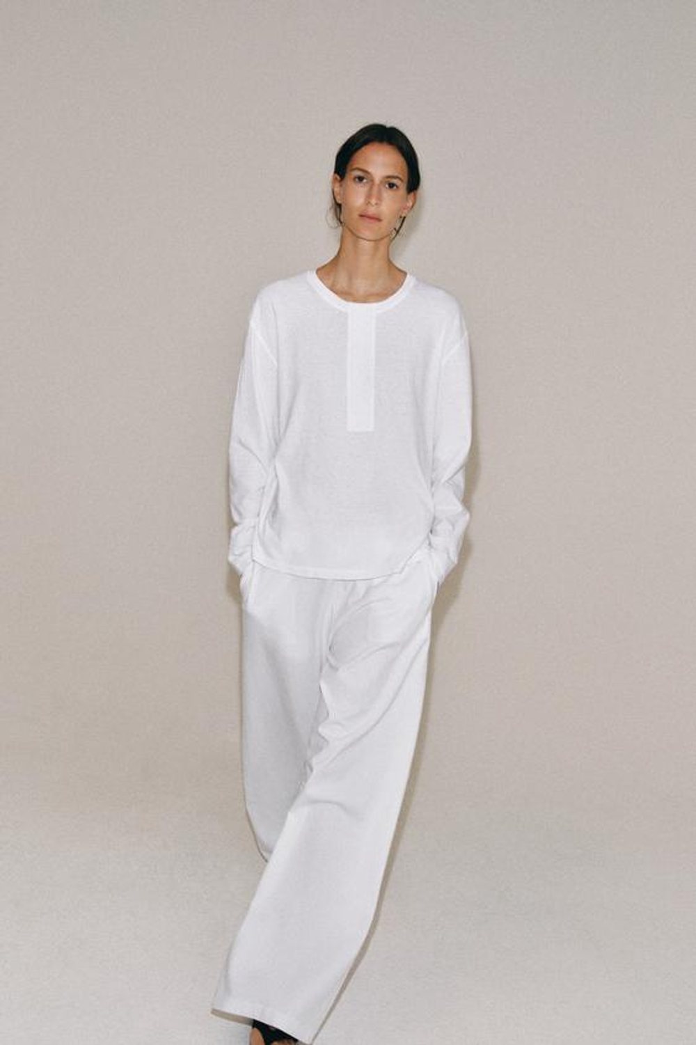 ZARA ЛОНГСЛИВ С ЛЬНЯНОЙ СМЕСЬЮ, БЕЛЫЙ