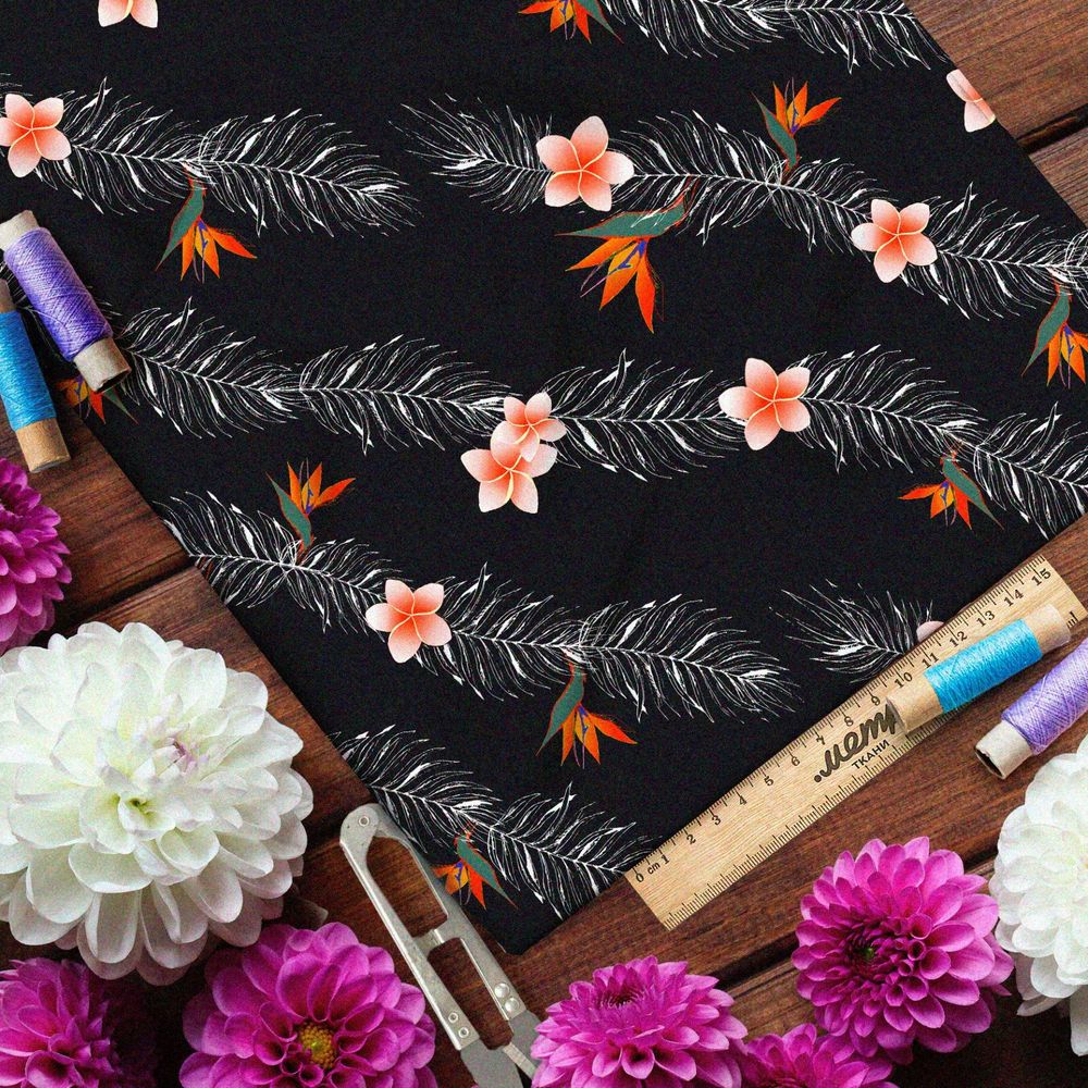 Ткань таффета белые водоросли с цветком и кленовым листом