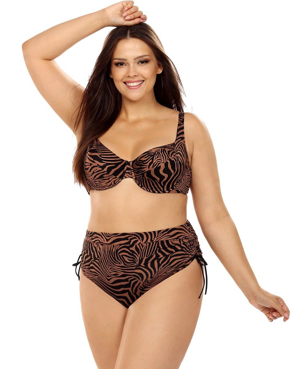 Раздельный купальник plus size с полосками зебры (Размер: 85F/42) (Цвет: коричневый)