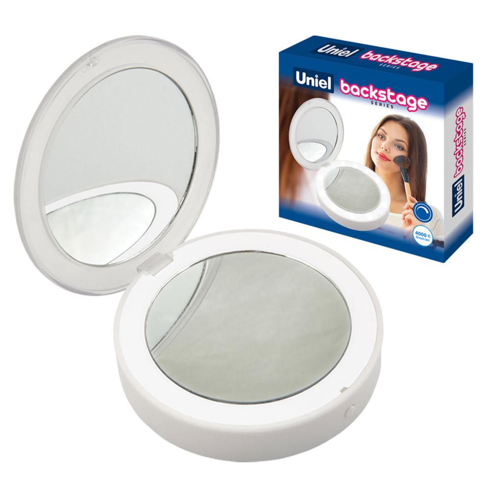 ULK-F70 2AAA WHITE Зеркало карманное с подсветкой 1Х+2Х. На батарейках 2AАА не в-к. Белый. ТМ Uniel