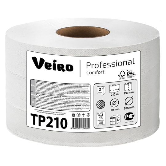 Туалетная бумага в рулонах с центральной вытяжкой Veiro Professional Comfort белая двухслойная (6 рулонов по 215 м)