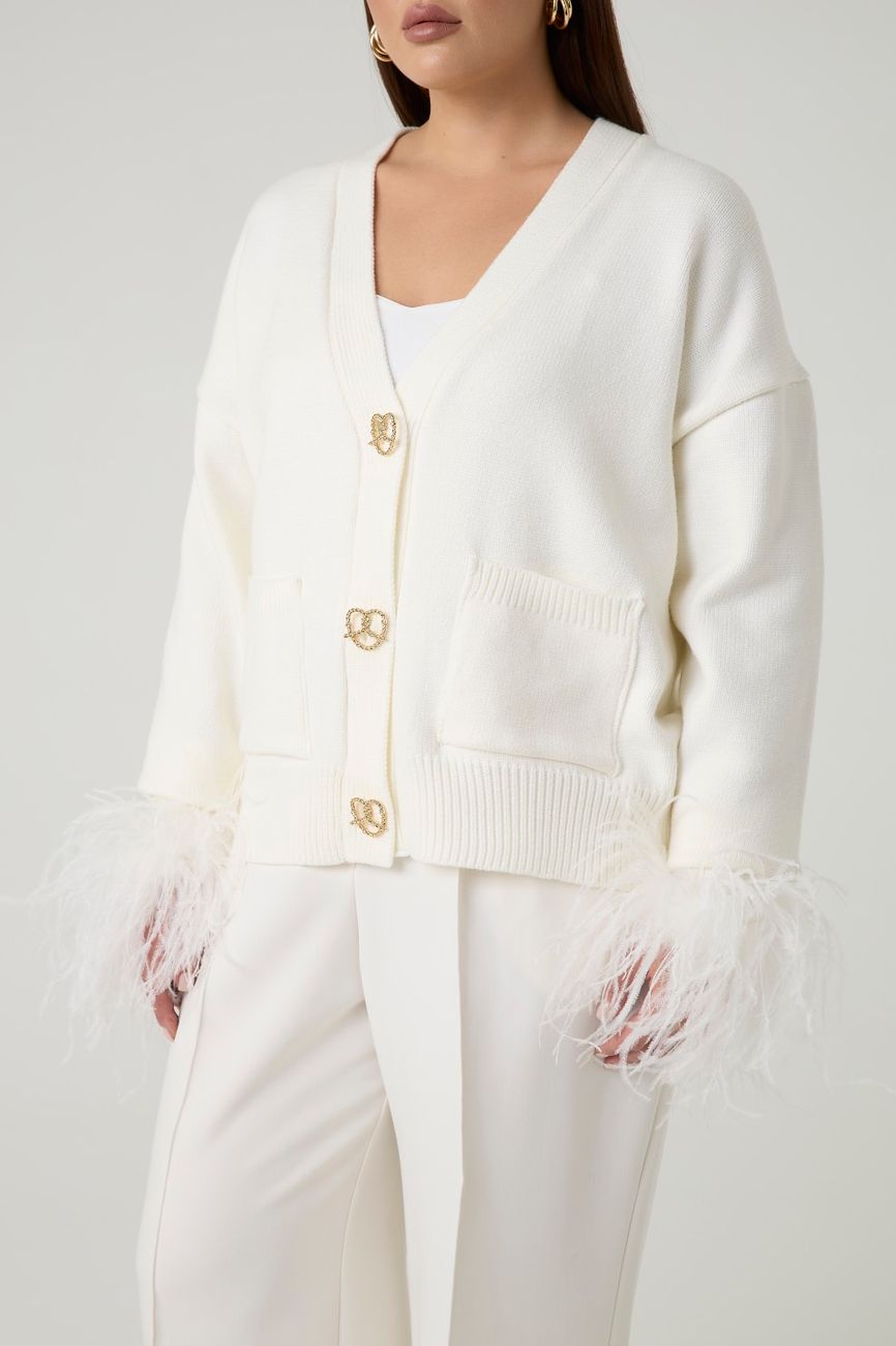 Кардиган вязаный с перьями, молочный