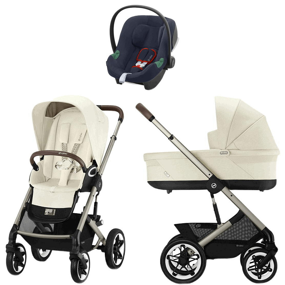 Коляска Cybex Talos S Lux TPE complete Aton B2 Bay Blue Base One 4 в 1 Seashell Beige с дождевиками