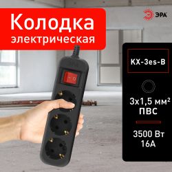 Колодка ЭРА KX-3es-B 3 розетки с заземлением с выключателем черная | Электротовары
