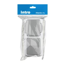 Блок розетка с выключателем Intro Atlantic 5-702-03 двойным 2P+E 10-16А-250В открытой установки гориз. IP54 серый