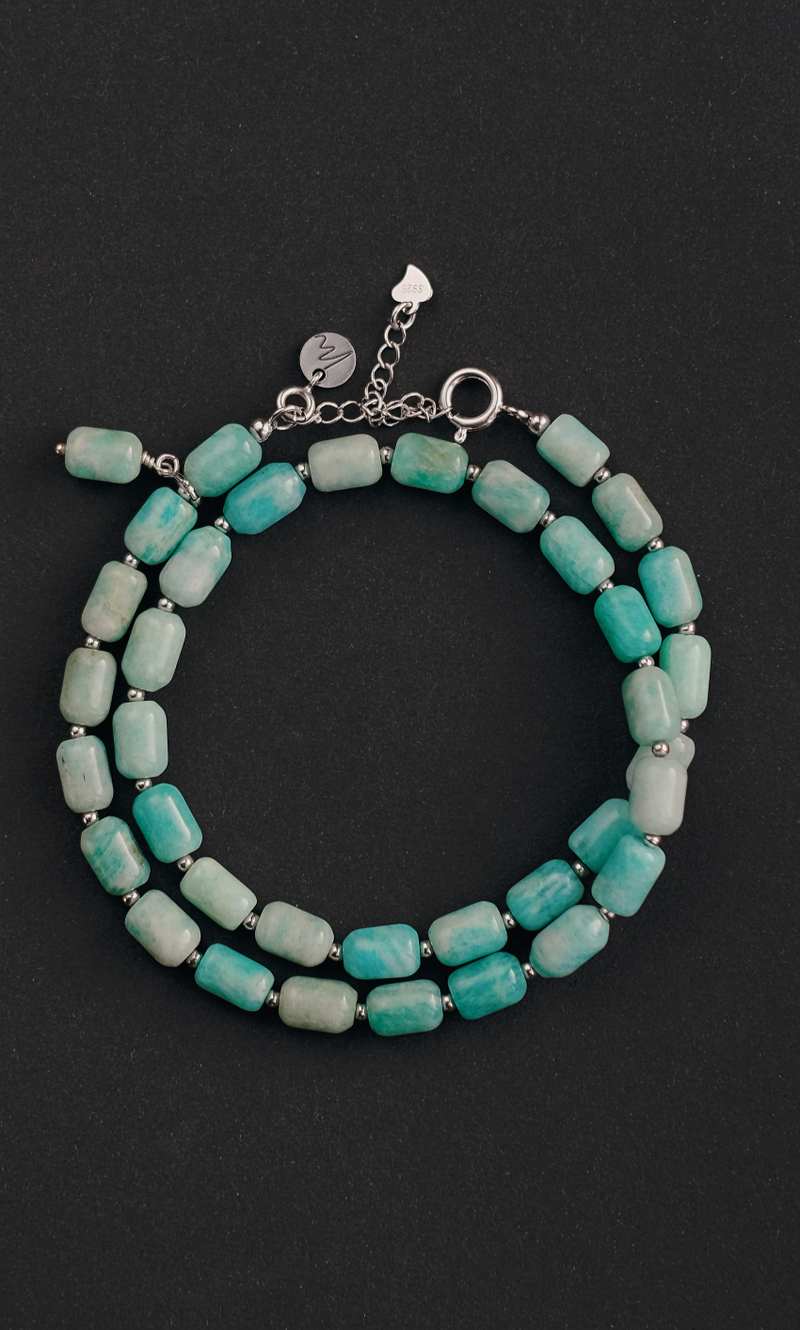 Чокер "Memo about Love" из цилиндрического амазонита с серебряными бусинами 35 см