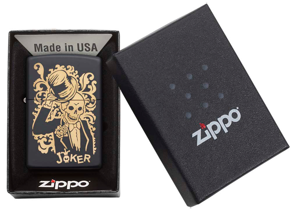Зажигалка Zippo Skull Design с покрытием Black Matte, латунь/сталь, черная, 38x13x57 мм