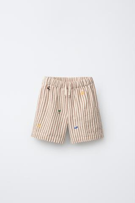 ZARA ШОРТЫ С ВЫШИВКОЙ В ПОЛОСКУ, КОРИЧНЕВЫЙ/БЕЛЫЙ