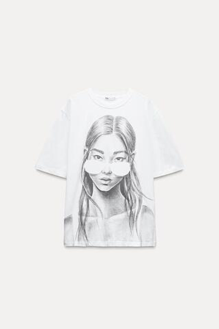 ZARA ФУТБОЛКА С ПРИНТОМ «ДЕВУШКА», БЕЛЫЙ