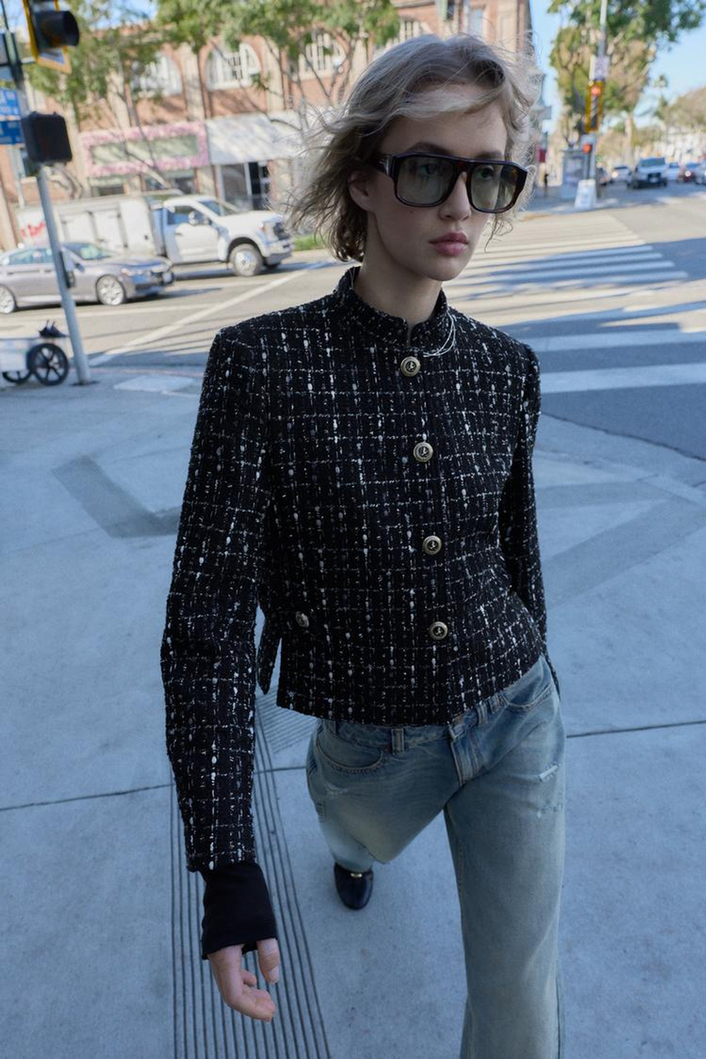 ZARA БЛЕЙЗЕР ИЗ РЕЛЬЕФНОЙ ТКАНИ С МЕТАЛЛИЗИРОВАННОЙ НИТЬЮ, ЧЕРНЫЙ/ЭКРЮ