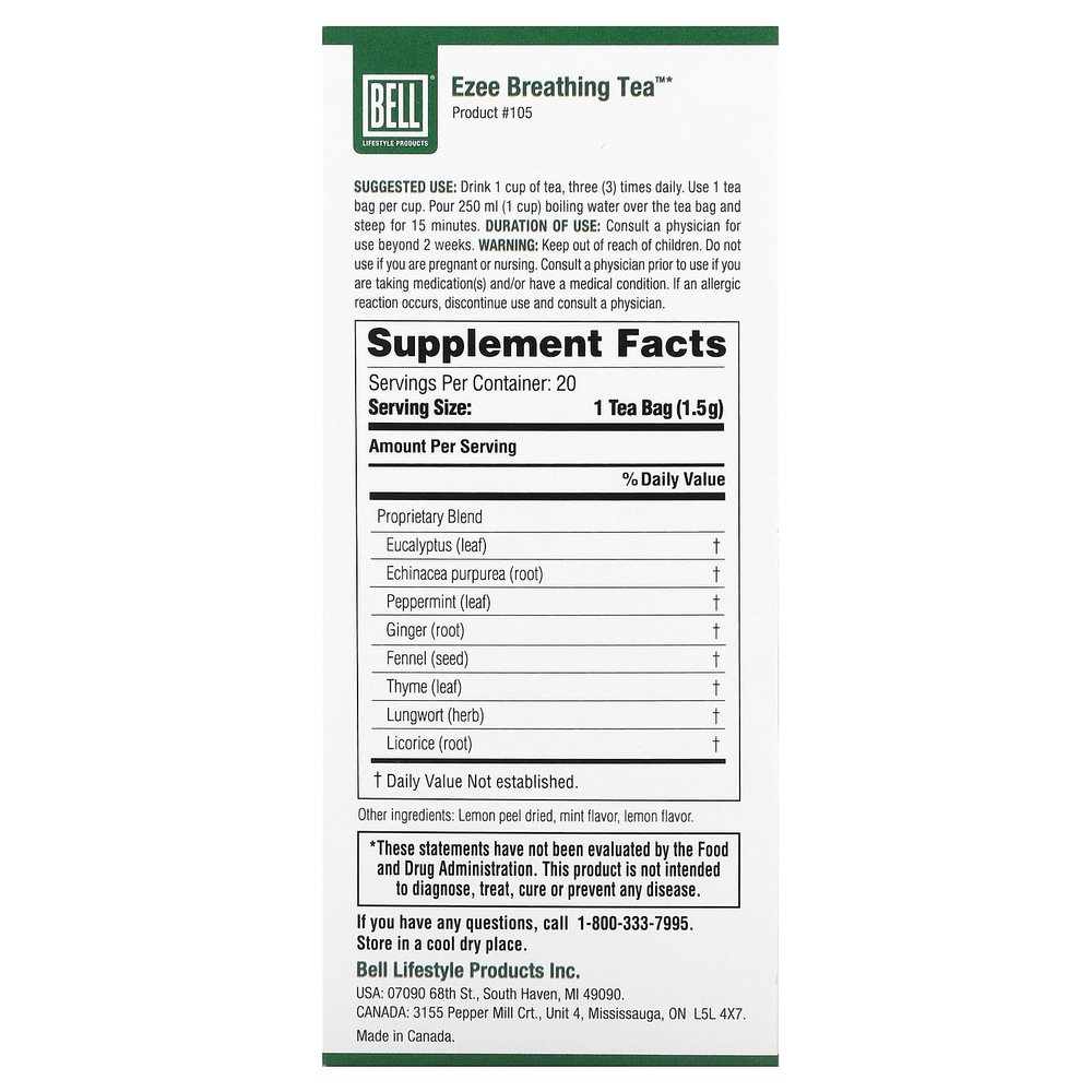 Bell Lifestyle, Ezee Breathing Tea, успокаивающая травяная смесь, 20 чайных пакетиков, 30 г