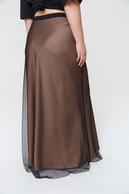 Юбка макси из сетки в мушку, черный