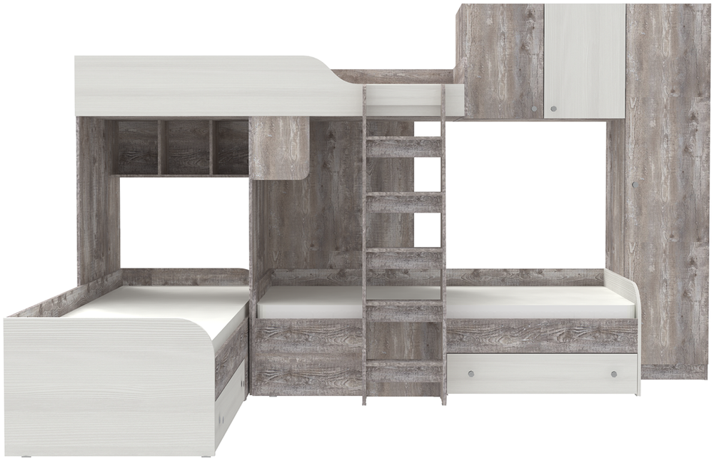 Кровать-чердак КарИВи Трио 2 Бетон Белое Дерево
