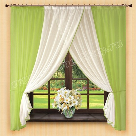 Готовые шторы для кухни:  Комплект для кухни  (арт. 2053)  -  300х180 см. - салатовый