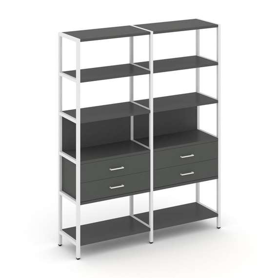 Shelf System Двухсекционный стеллаж пятиярусный с ящиками SN.STM-522 Антрацит/Металл Белый 1590*400*