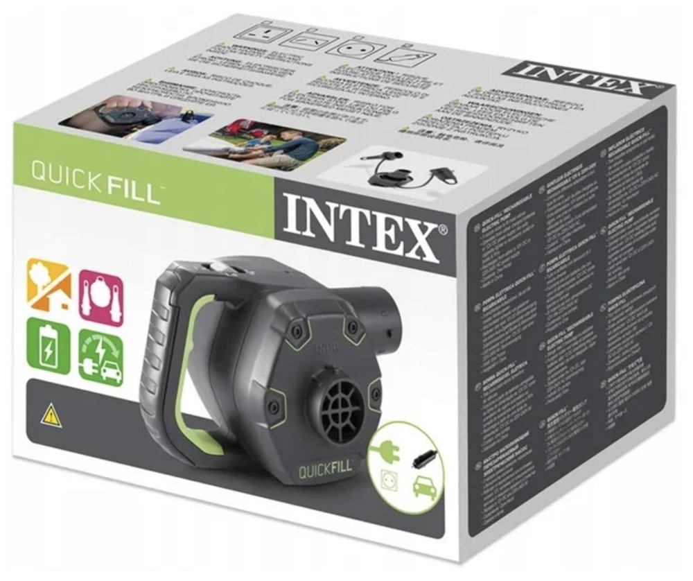 Насос электрический Intex 66636 автомобильный 12В от прикуривателя, Воздушный электронасос 650 л/мин с 3 насадками для лодки и матраса
