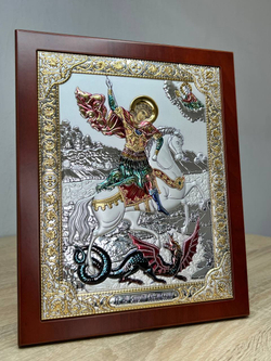 Георгий Победоносец, икона прямоугольная с рамкой, красное дерево, эмаль 210х260