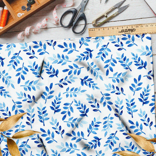 Ткань сатин акварельные синие листочки