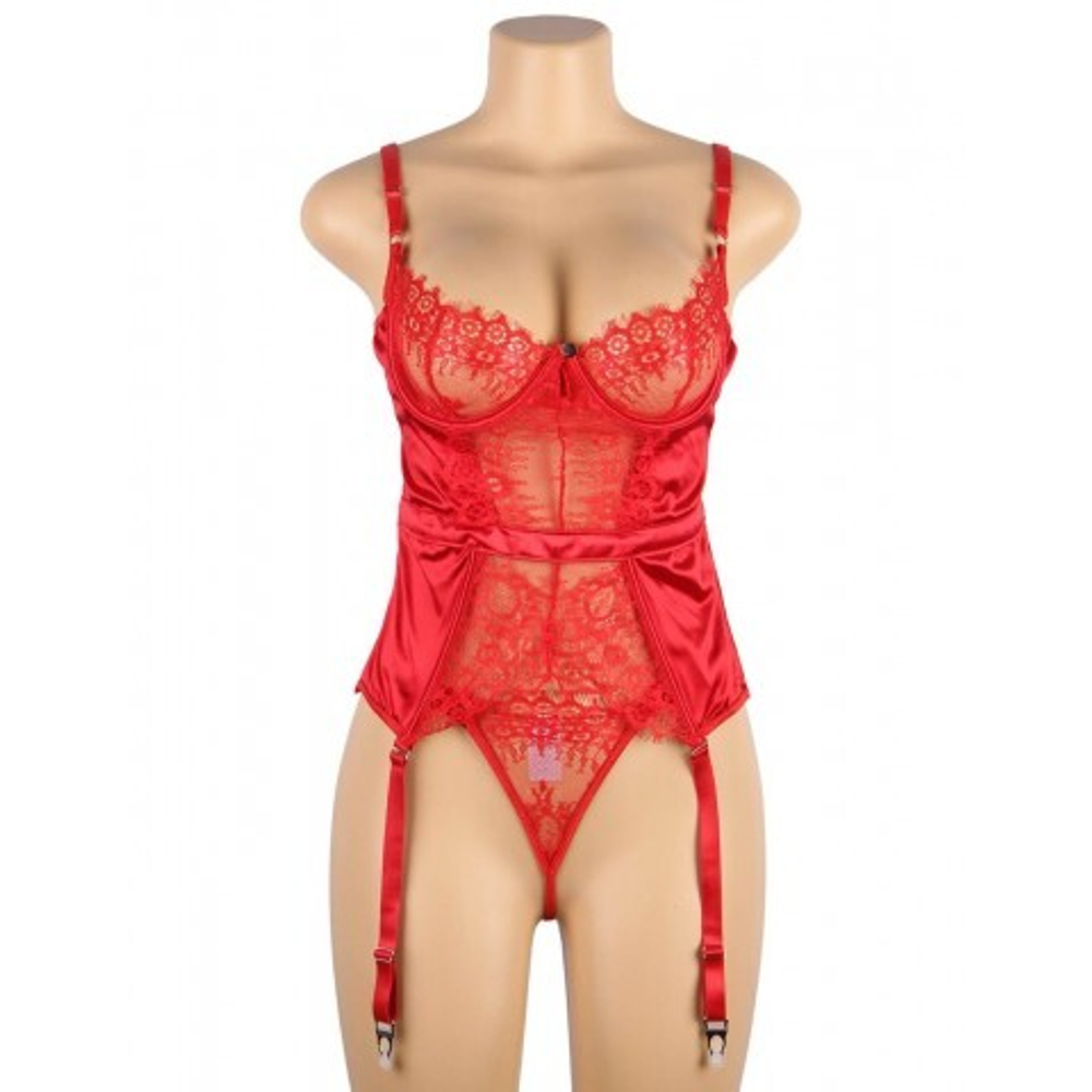 Элегантное красное белье: корсет с подвязками для чулок и G стринги (XL-2XL)