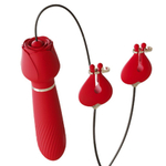 Красный вибромассажёр с зажимами для сосков - 16 см. (Цвет: красный)