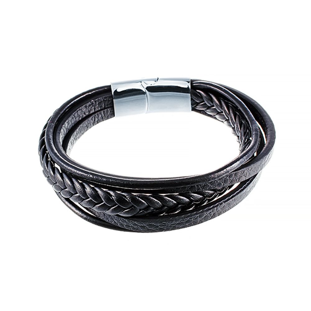 Стильный модный кожаный чёрный браслет 5в1 из плетёной кожи с удобным магнитным замком JV 149-0170 в подарочной упаковке