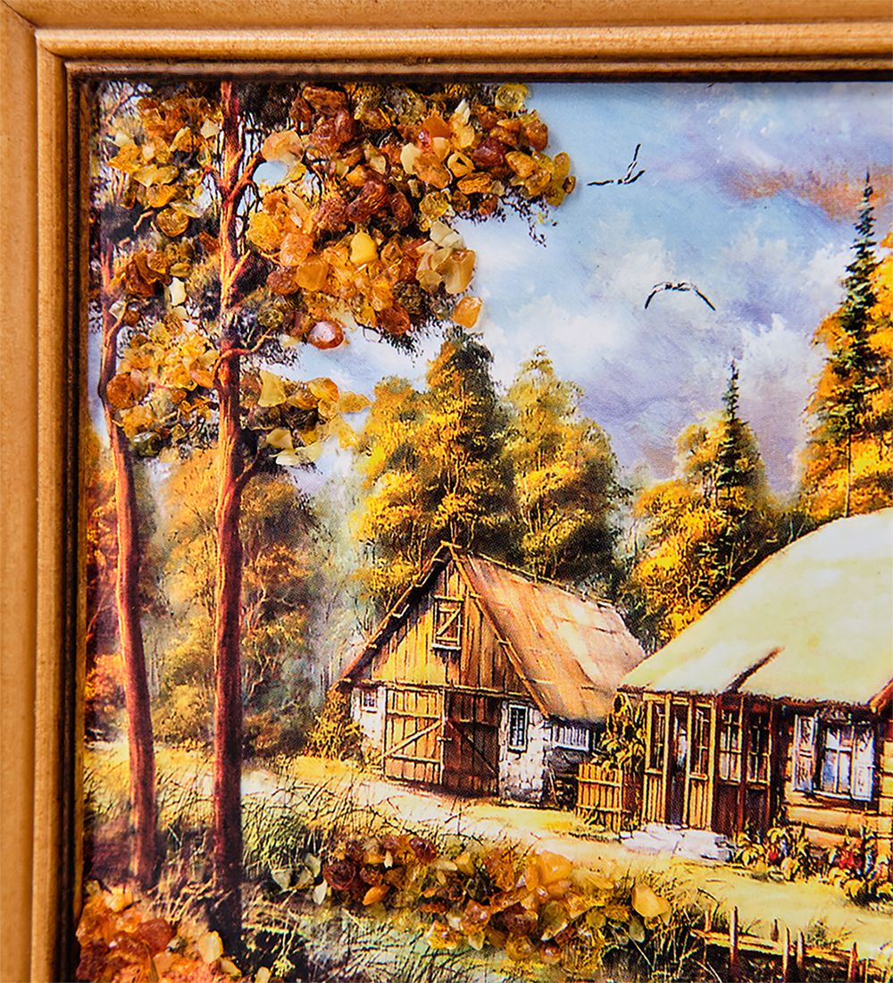 AMB-74/16 Картина «Домик у озера» (с янтарной крошкой) дер.краш.рамка 12х15